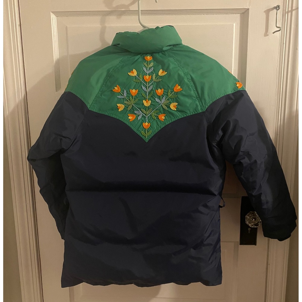 Vintage Frostline Kit Down Puffer Jacket Embroidered Floral Boho Size Small Blue - Picture 3 of 10